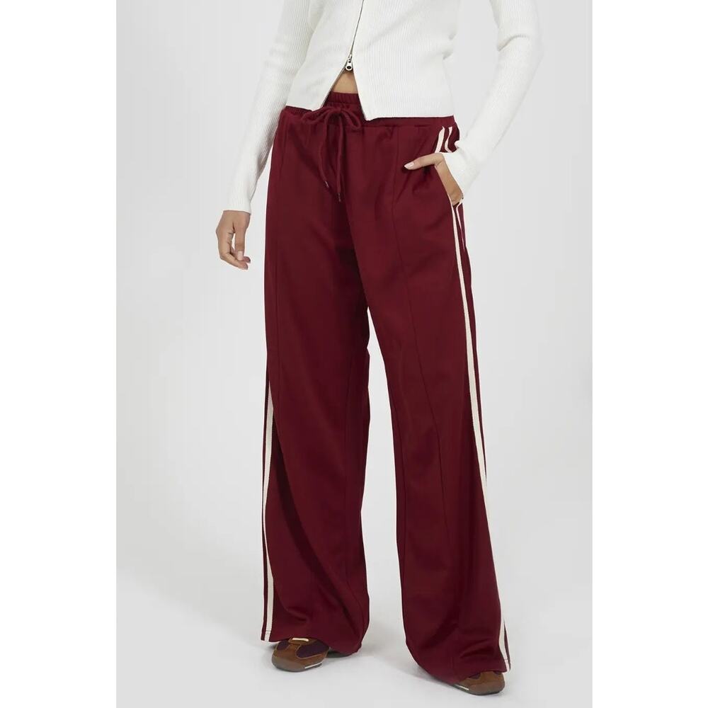 Brave Soul London Side Stripe Wide Leg Jogger Pants Large Burgundy Athleisure